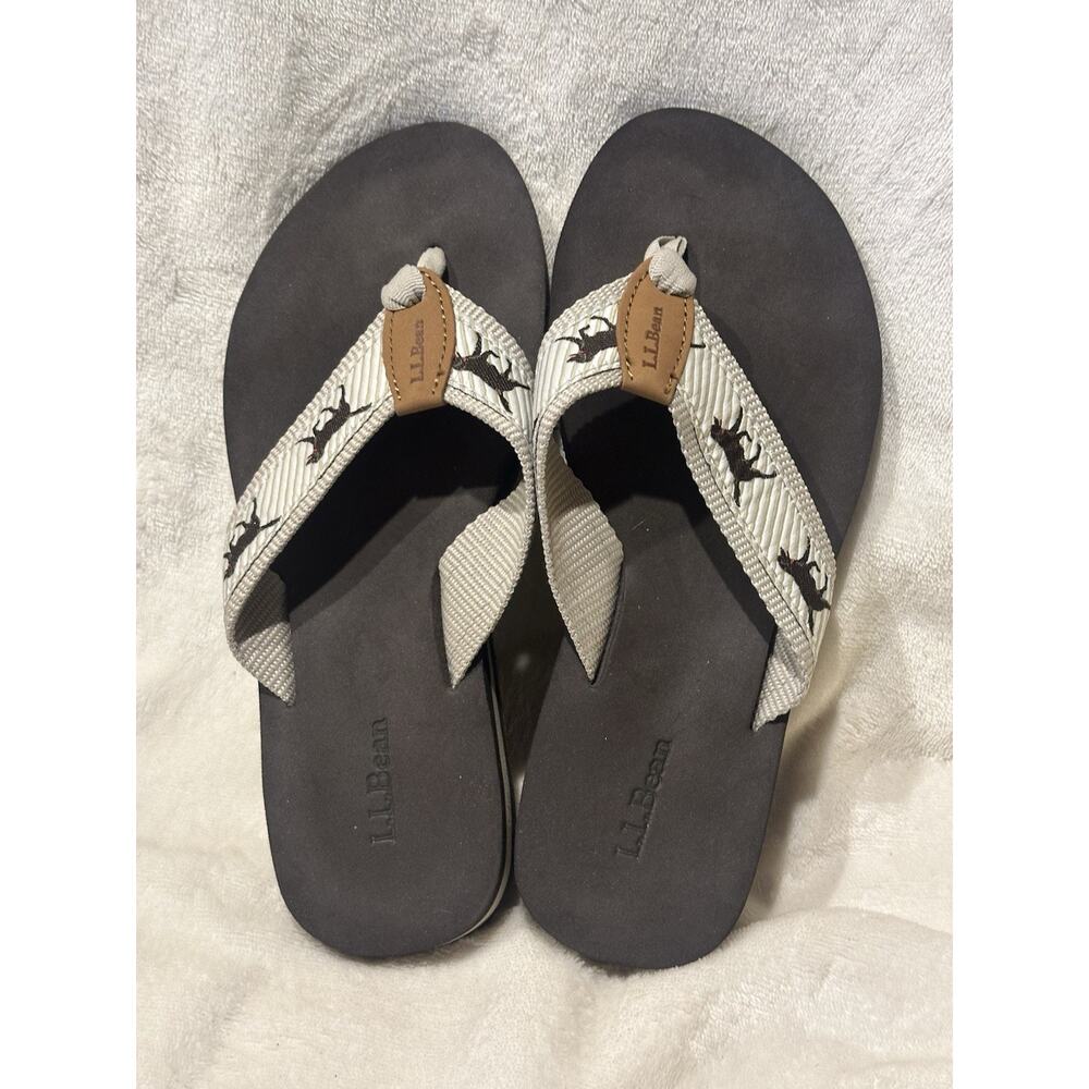 L.L BEAN Women's Sz 7M Chocolate Lab Dog on Beige Braid Cushioned Thong Sandals